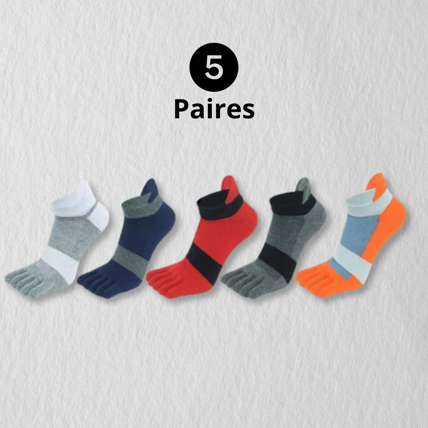 Ensemble multicolore chaussettes homme à doigts séparés.