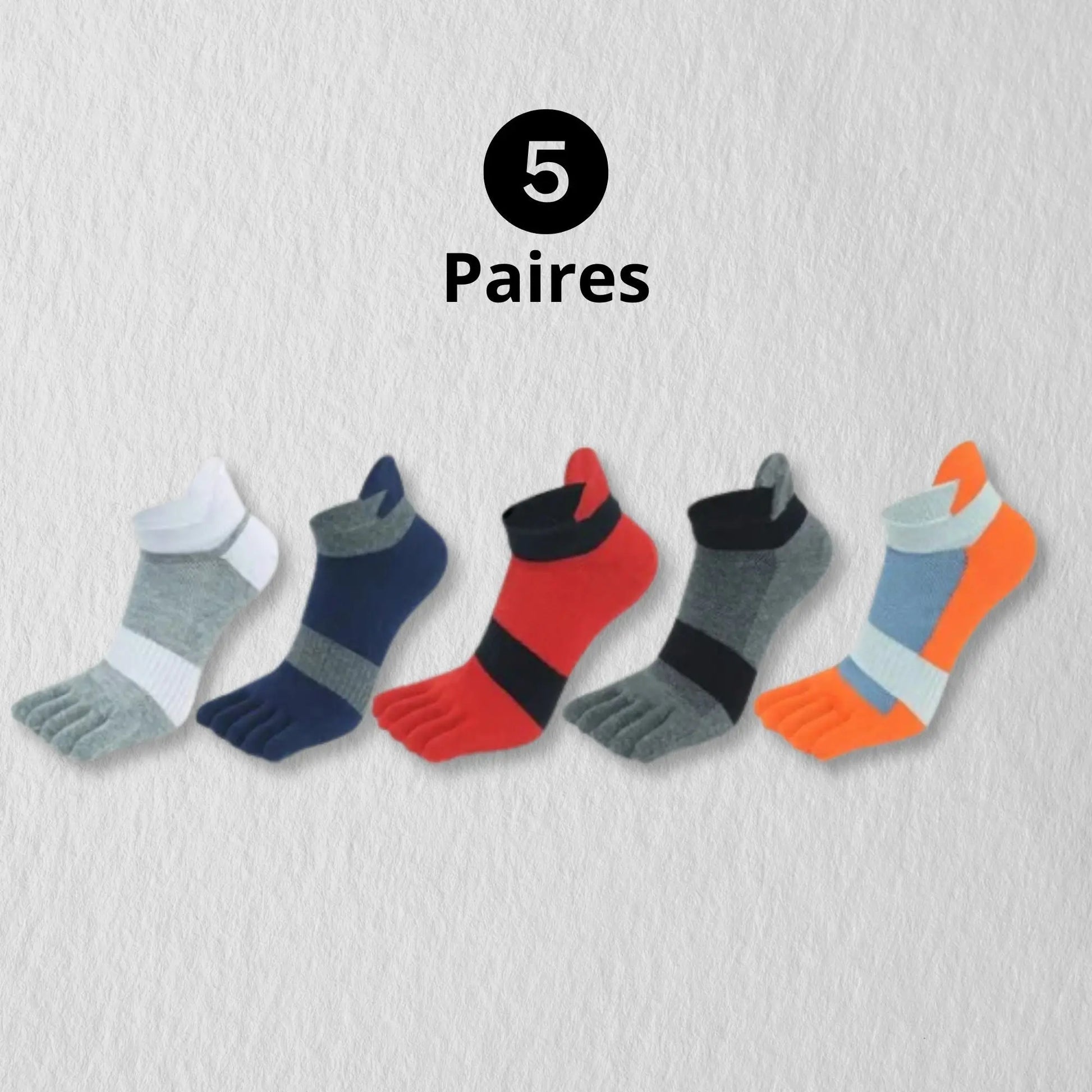 Ensemble multicolore chaussettes homme à doigts séparés.