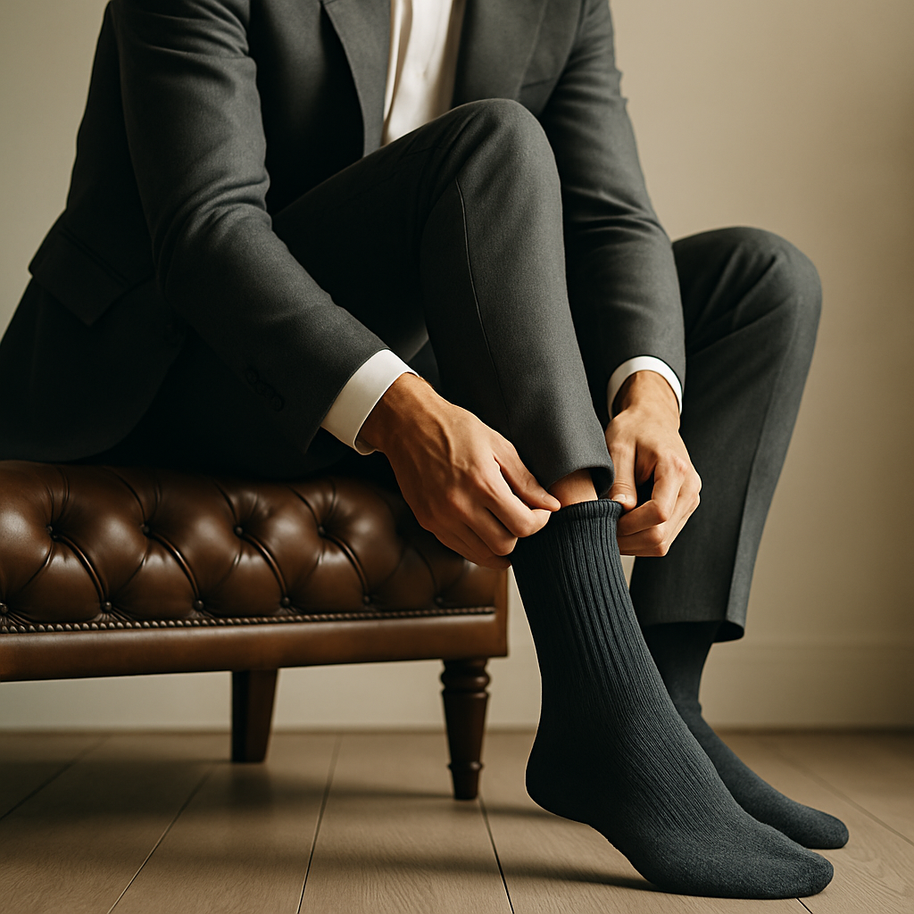 Homme en costume assis sur un banc en train d’enfiler des chaussettes noires avec élégance.