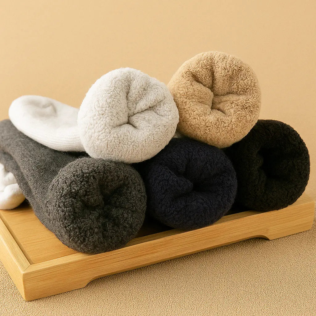 Ensemble de chaussettes en cachemire pour homme, roulées et empilées sur un plateau bois clair et fond beige.